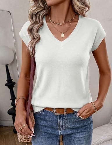 LaGracia Womens Short Sleeve Sweater Wool Blend Cashmere V Neck Cropped Sweaters Lightweight Business Casual Sweater Tops Basic Summer Outfits Cream White XL - Thumbnail 5