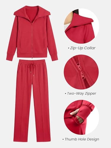 Casly Lamiit 2 Piece Lounge Sets for Women 2026 Casual Sweatsuit Travel Outfits Double Zipper Sweatshirt Long Sweatpants Athletic Track Suit Red XL - Thumbnail 2