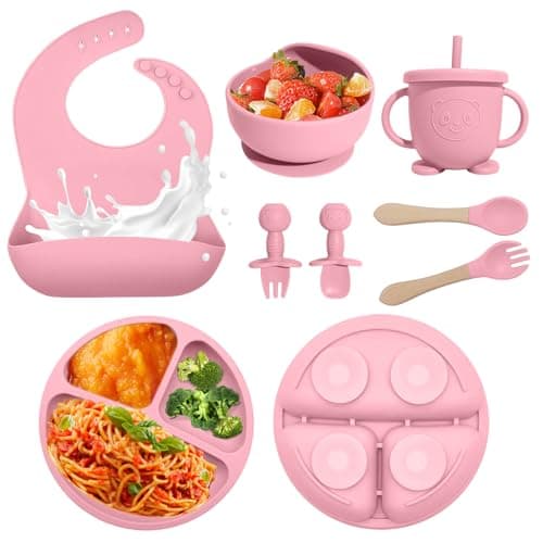 Baby Led Weaning Supplies, 8 Piece BPA-Free Silicone Feeding Set, Silicone Suction Bowl, Forks & Spoons, Bib & Cup, Develops Self Feeding Skills, Dishwasher Safe, for 6+ Months (Pink) - Image 1