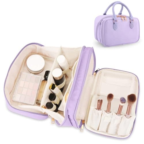 Travel Makeup Bag for Women Fashion Large Capacity Pouch Open Flat Cosmetic Portable Organizer Waterproof Large Opening Storage Toiletry Bags Vertical Free-Standing Brush Holder for Easy Access Purple - Image 1