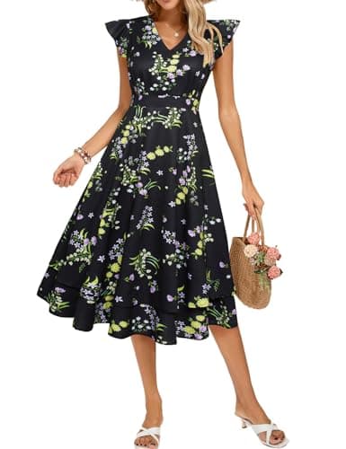 Casual Floral Wedding Guest Dresses Long Chiffon Work Boho Flowy Church Formal Maxi Black Flowers Tiered Sundresses M - Image 1