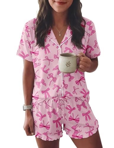 Ekouaer Womens Pajama Sets Button Down Short Sleeve Top and Shorts Cute Pjs Sets Sleepwear - Image 1