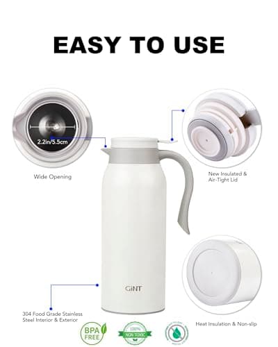 GiNT 51 Oz Stainless Steel Thermal Coffee Carafe, Double Walled Vacuum Insulated Flask, 12 Hour Heat Retention, 1.5 Liter Tea, Water, and Coffee Dispenser (Upgraded version White) - Thumbnail 4