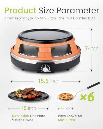 Saenchue Multifunction Raclette Grill & Mini Pizza Oven, 1200W Electric Pizza Oven with Flat Griddle Top, Indoor Grill with 6 Mini Pizza Baking Slots, Temperature Control, Personal Pizza Maker, PM-01 - Thumbnail 6