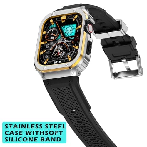 Deczone Band with Stainless Steel Case Compatible with Apple Watch Series 11 10 42mm Band, iwatch Bands Rugged Metal Protective Cover for Men (Silver Gold) - Thumbnail 2