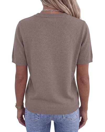 BTFBM Women's Short Sleeve Sweaters 2026 Summer Crew Neck Knit Work Shirts Business Casual Tops Basic Fall Fashion Clothing(Apricot Khaki, Medium) - Thumbnail 3