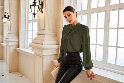 GRACE KARIN Womens Satin Blouses for Women Long Sleeve Shirts Mock Neck Blouses Spring Casual Tops Olive Green S - Thumbnail 5
