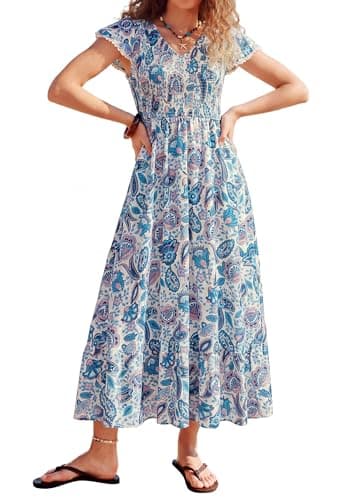 Women’s Spring Maxi Dresses, Casual V Neck Cap Sleeve Floral Long Flowy Dresses, Smocked Elastic Waist Ruffle Tiered Dress S - Image 1