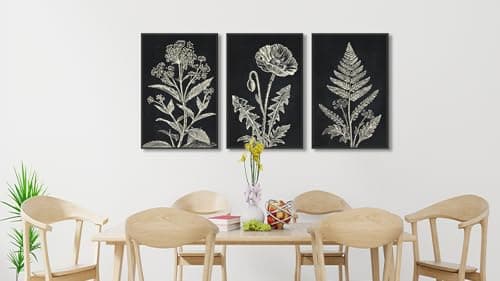 Large Framed Botanical Wall Art, Minimalist Floral Canvas Prints, Black and White Farmhouse Plant Artwork Flower Pictures for Living Room Bathroom Bedroom Office Décor 20"x28"x3Pcs - Thumbnail 4