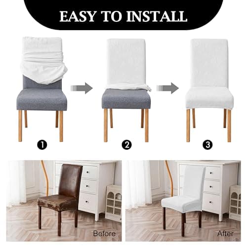 Genina Waterproof Dining Chair Covers Set of 6,Stretch Dining Room Chair Slipcovers with Leaf Jacquard,Removable Kitchen Chair Protector for Home,Restaurant,Banquet-White - Thumbnail 6