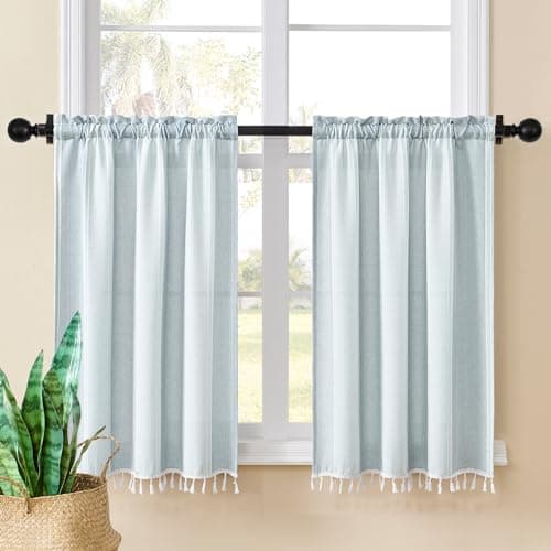 Home Queen Boho Kitchen Curtains 36 Inch Length Striped Linen Cafe Drapes Short Curtains with Tassel for Small Bathroom Window Farmhouse Light Filtering Rod Pocket Window Tier Set of 2, Blue Gray - Image 1