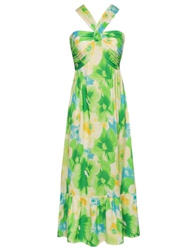 GRACE KARIN Womens Summer Floral Dresses 2026 Boho Maxi Dress Flowy Halter Sundress Casual Vacation Beach Clothes with Pocket Green Viola S - Image 1