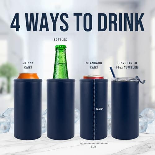 4 in 1 Universal Can Cooler - Navy Blue, Can Holder Insulated, Beer Bottle Cooler, Universal Holder for All Drink Sizes, Stainless Steel Insulated Tumbler, Tailgating Accessories - Thumbnail 2