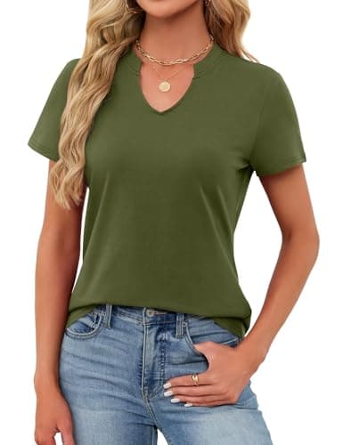 Women's V Neck Cotton T-Shirts Breathable Short Sleeve Tops Lightweight Stretch Summer Tees (Army Green,Medium) - Thumbnail 2