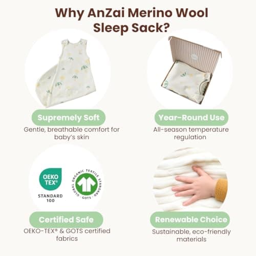 AnZai Merino Wool & Organic Cotton Sleep Sack for 2-4 Years - 2 Way Zipper Adjustable Sleeping Bag, Year Round Wearable Blanket for Babies Oatmeal - Thumbnail 3