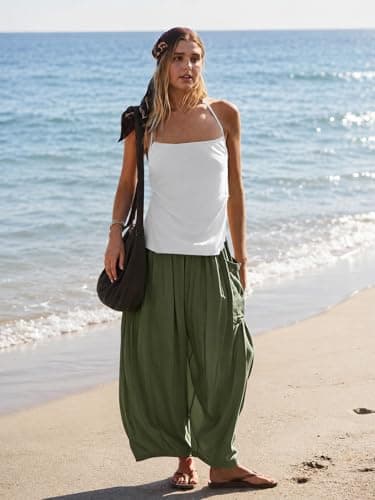 COCOMARTS Womens Linen Wide Leg Palazzo Pants Casual Loose Elastic Drawstring Flowy Pant 2025 Fall Travel Baggy Harem Pants with Pocket Green X-Large - Thumbnail 5