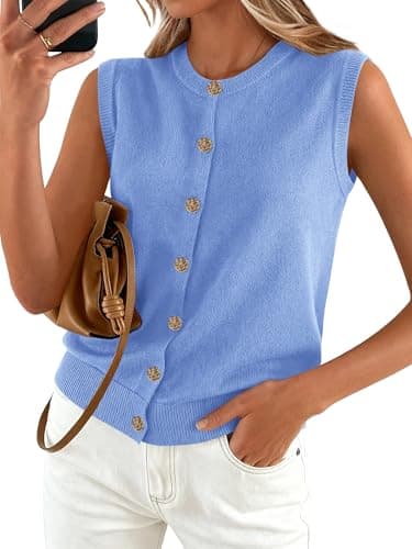 BTFBM Sweater Vest Women Casual Crewneck Loose Button Down Knit Sleeveless Cardigan 2026 Spring Clothes Summer Vest Tops(Light Blue, Small) - Image 1