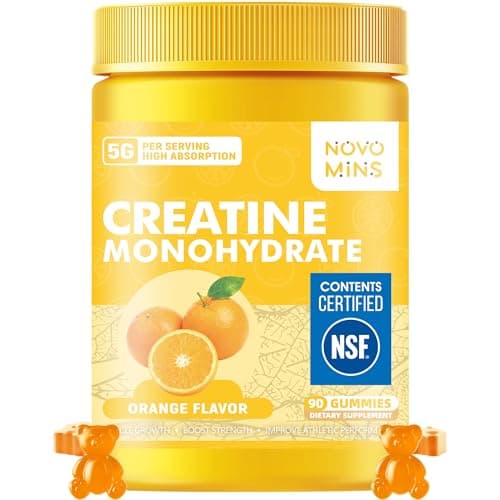 novomins Creatine Monohydrate Gummies 5000mg for Men & Women, Chewables Creatine Monohydrate for Muscle Strength, Muscle Builder, Energy Boost, Pre-Workout Supplement(90 Count)-Orange Flavor.