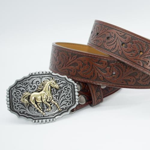 EONTISO Western Belt for Women Cowgirl Cowboy PU Leather Belts for Jeans, Floral Embossed Vintage Buckle, HorseBrown L - Thumbnail 6