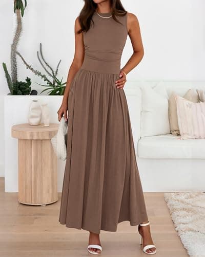 BTFBM Summer Maxi Dresses for Women 2026 Spring Sleeveless Casual Ruched High Waisted Long Sundress Flowy Beach Dress(Khaki, Medium) - Thumbnail 5