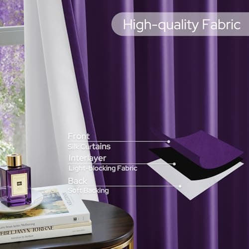 HOMEIDEAS 100% Blackout Faux Silk Purple Curtains 52W x 84L 2 Panels - Thumbnail 6
