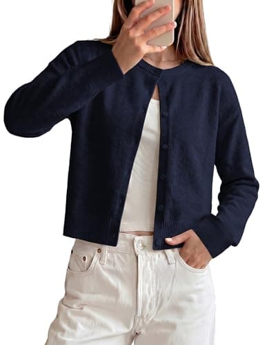 GRACE KARIN Women Cropped Lightweight Cardigan Sweaters Summer Long Sleeve Shrugs for Dress Open Front Jacket Navy Blue - Image 1