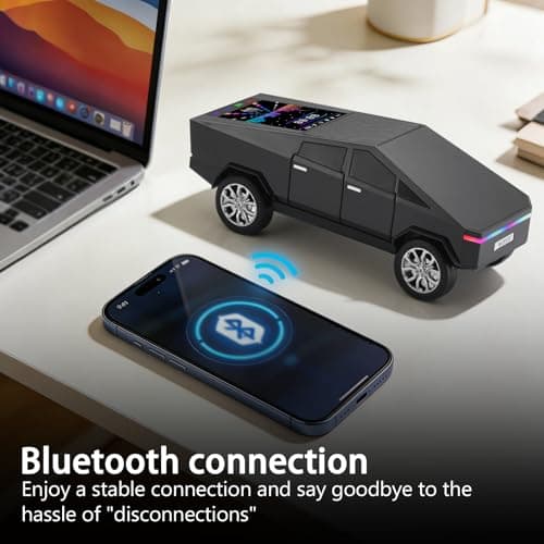 WS-580 Cybertruck Portable Bluetooth Speaker, Replica Car with Display Screen, HD Sound, TWS Pairing, FM Radio, Built-in Mic, Remote Selfie Control, LED Party Light, Gift for Car Lovers (Black) - Thumbnail 4