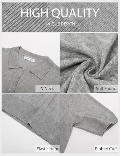 Kate Kasin Women Short Sleeve Polo Sweater Tops Lightweight Summer V Neck Soft Knit Pullover Shirt Light Gray S - Thumbnail 5