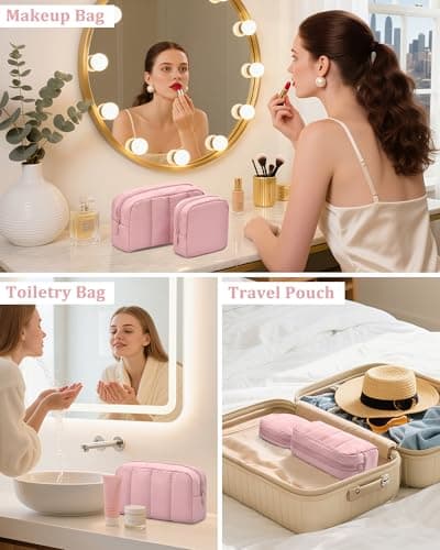 oscaurt 2 Pcs Makeup Bag Travel Toiletry Bag for Women Puffy Padded Cosmetic Pouch Purse Wide-open Makeup Organizer Case Travel Essentials - Thumbnail 6