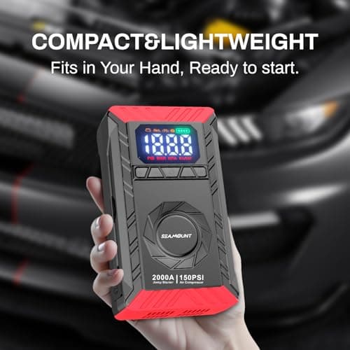 SEAMOUNT 2000A Jump Starter with Air Compressor Combo, Portable Car Battery Booster Pack for 6L Gas / 3L Diesel, 150PSI Tire Inflator, LED Emergency Light, Complete Roadside Kit - Thumbnail 6