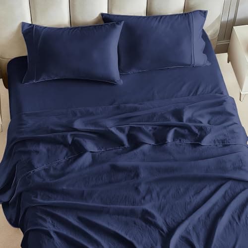Tokokimo King Sheet Set 4 Piece, Super Soft Washed Cotton-Linen Feel Microfiber, 16" Deep Pocket Fitted Sheet, 1 Flat Sheet, 2 Pillowcases, Breathable Bed Sheets, Navy Blue - Thumbnail 3
