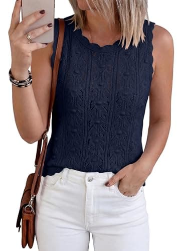 BTFBM Crochet Tank Tops for Women Hollow Out Sleeveless Loose Sweater Vest Top Summer Spring 2026 Beach Vacation Clothes(Navy Blue, Large) - Thumbnail 2