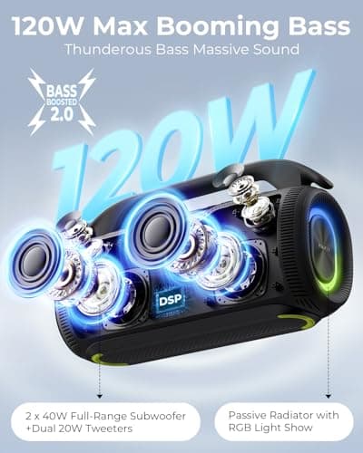 havit 120W Loud Bluetooth Speaker with Deep Bass, IPX6 Waterproof Outdoor Party Speaker, RGB Lights, 12H Playtime, TWS Pairing, Portable Speaker for Beach, Camping, Backyard - Thumbnail 2
