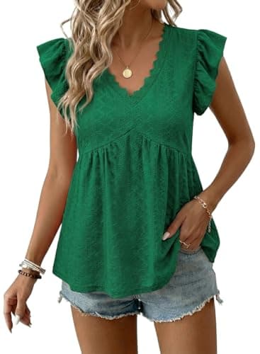 BLENCOT Peplum Tops for Women Lace V Neck Crochet Ruffle Tank Top Boho Work to Weekend Blouses Textured Babydoll Shirts X-Large Blackish Green - Image 1