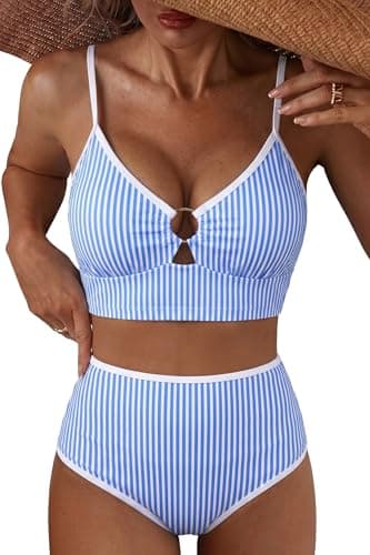 Herseas Bikini Sets for Women 2026 High Waisted Tummy Control Swim Suits Push Up Top V Neck O Ring Two Piece Ladies Bathing Suits Summer Chic Beach Resort Wear Sky Blue Stripe XX-Large - Image 1