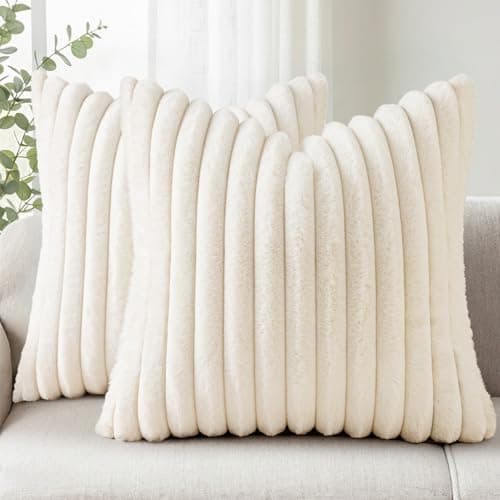 Simmore Faux Fur Couch Throw Pillow Covers 18x18 Set of 2, Decorative Soft Striped Plush Pillow Covers with Velvet Back for Sofa Bed Living Room, Cream White - Image 1