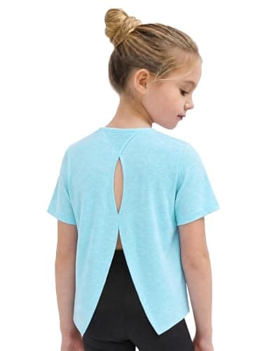 Wenlia Girls Athletic Shirts Short Sleeve Activewear Tops Back Slit Sports T Shirts for Running Tennis, Blue, 9-10 Years, 140 - Image 1