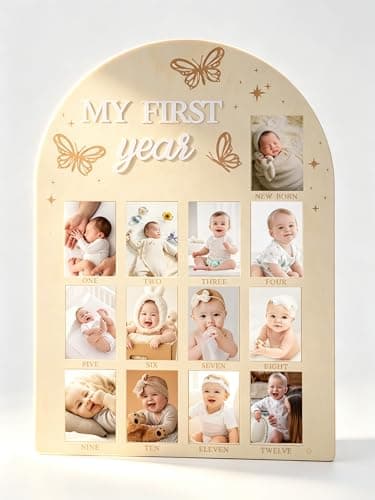 My First Year Photo Frame, Wooden Milestone Keepsake with Pre-marked 12 Monthly Infant Development Picture Slots, Wall Mountable Photo Board for Baby 1st Birthday Celebration, Lovely Shower Gift - Image 1