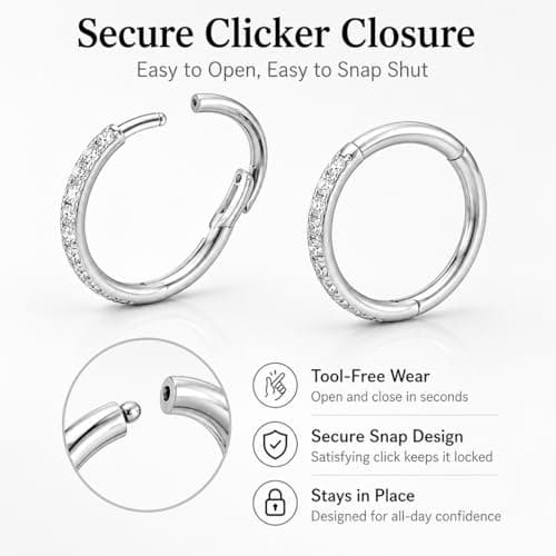 AOzT 4Pcs 16G Nose Rings Hoops - 10mm Septum Clicker Rings for Women Men, 316 Stainless Steel Hinged Nose Hoop Piercing Jewelry for Septum Cartilage Tragus Helix Lip, Silver - Thumbnail 5