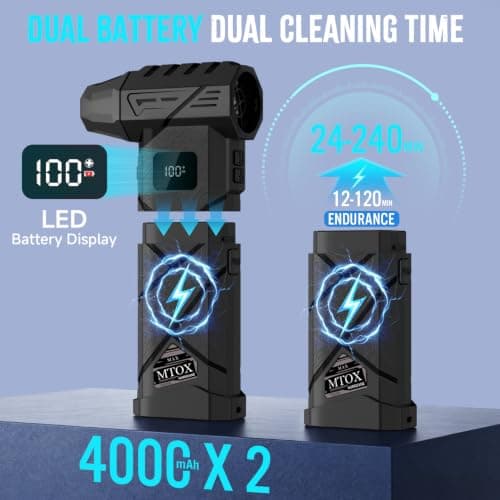MTOX Compressed Air Duster, 150,000RPM Super Power Rechargeable Electric Air Duster, Blower, 2in1 Vacuum, 4-Gear Adjustable,2 Swappable Battery, LED, for Keyboard, PC, Car, Home (Frosted Black) - Thumbnail 2