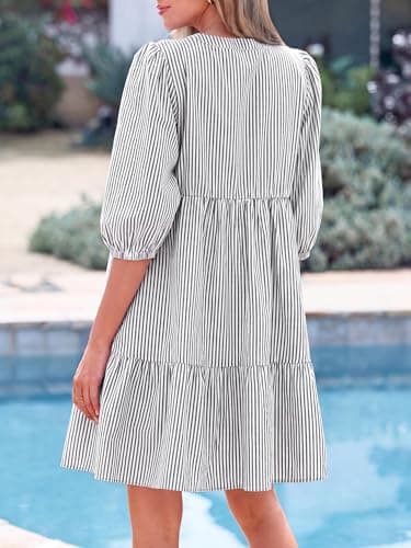 BTFBM Womens Summer Dresses 2026 Striped Mini Dress Half Sleeve Button Down Casual Flowy Beach Vacation Outfits Pockets(Black, X-Large) - Thumbnail 3