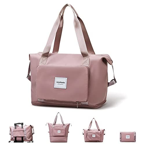 WOOMADA Foldable Travel Duffel Bag, Weekender Bags for Women, Tote Bag with Expandable Space, Carry on bags for airplanes with Wet Pocket & Trolley Sleeve, Gym Bag for Women, Lightweight (pink) - Image 1