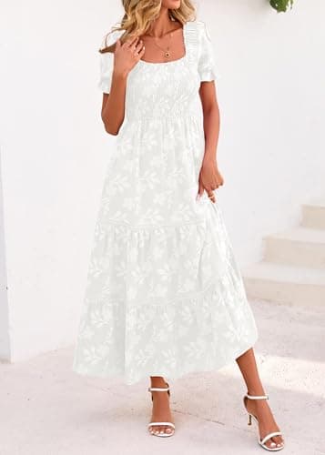 Lazysmile Women's Summer Boho Floral Maxi Dress Short Sleeve Square Neck Smocked Ruffle Elegant Wedding Guest Dress White - Thumbnail 6