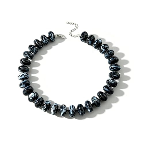 ANGLEQUEEN Black Swirl Chunky Beaded Choker Necklace for Women - Bold Statement Large Acrylic Beads Collar, Trendy Summer Vacation Jewelry Gifts for Mothers Day, Daily Party Statement Necklace