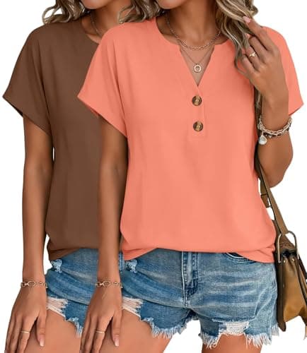 INNOVATOP 2 Pack Womens T Shirts V Neck Short Sleeve Henley Tops Work Business Casual Blouses Summer Dressy Casual Clothes - Image 1