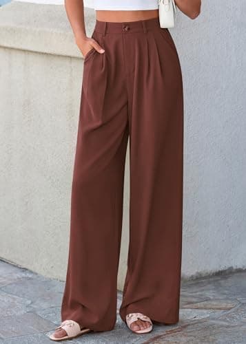 KIRUNDO Dress Pants Women 2026 Summer Polka Dot Palazzo Wide Leg Trousers Flowy Business Casual Slacks for Work with Pockets(Brown, XX-Large) - Thumbnail 6