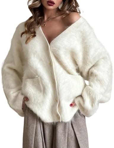 Women's Fuzzy Cardigan V Neck Long Sleeve Button Down Slouchy Furry Sweaters Chunky Knit Mohair Sweater Coat(Apricot-S) - Image 1