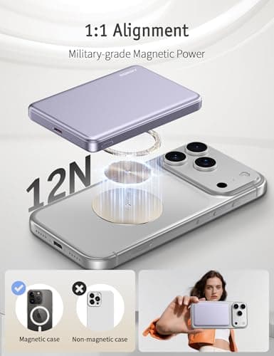 RORRY for Magsafe Portable Charger, 10000mAh Ultra Slim Magnetic Power Bank, 22.5W Fast Charging Wireless Portable Charger, USB C Battery Pack for iPhone 17/16/15/14/13/12 Plus Pro Max, Purple - Thumbnail 4