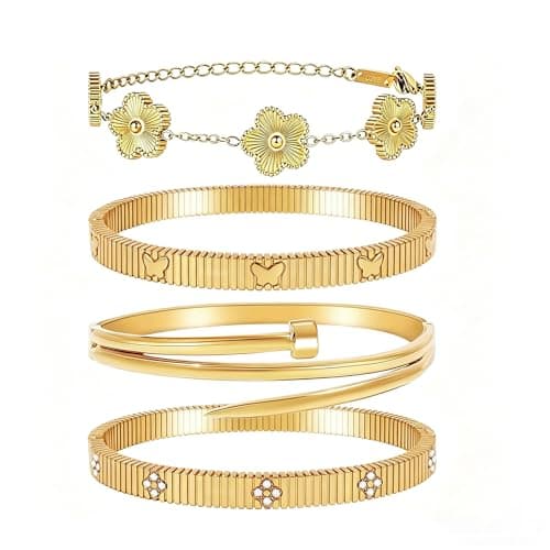 Stackable Gold Bracelets for Women - 4 Sets, 18K Gold Plated Bracelets, Stainless Steel Bangle Bracelets Non-Tarnish, Stylish Gold Jewelry Ensemble, Valentine's Day, Birthday and Christmas Jewelry Gifts