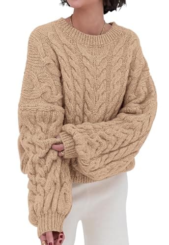 PRETTYGARDEN Womens Sweaters Spring 2026 Cable Knit Long Sleeve Crewneck Oversized Sweater Chunky Pullover Loose Outfits (Apricot, Small) - Image 1